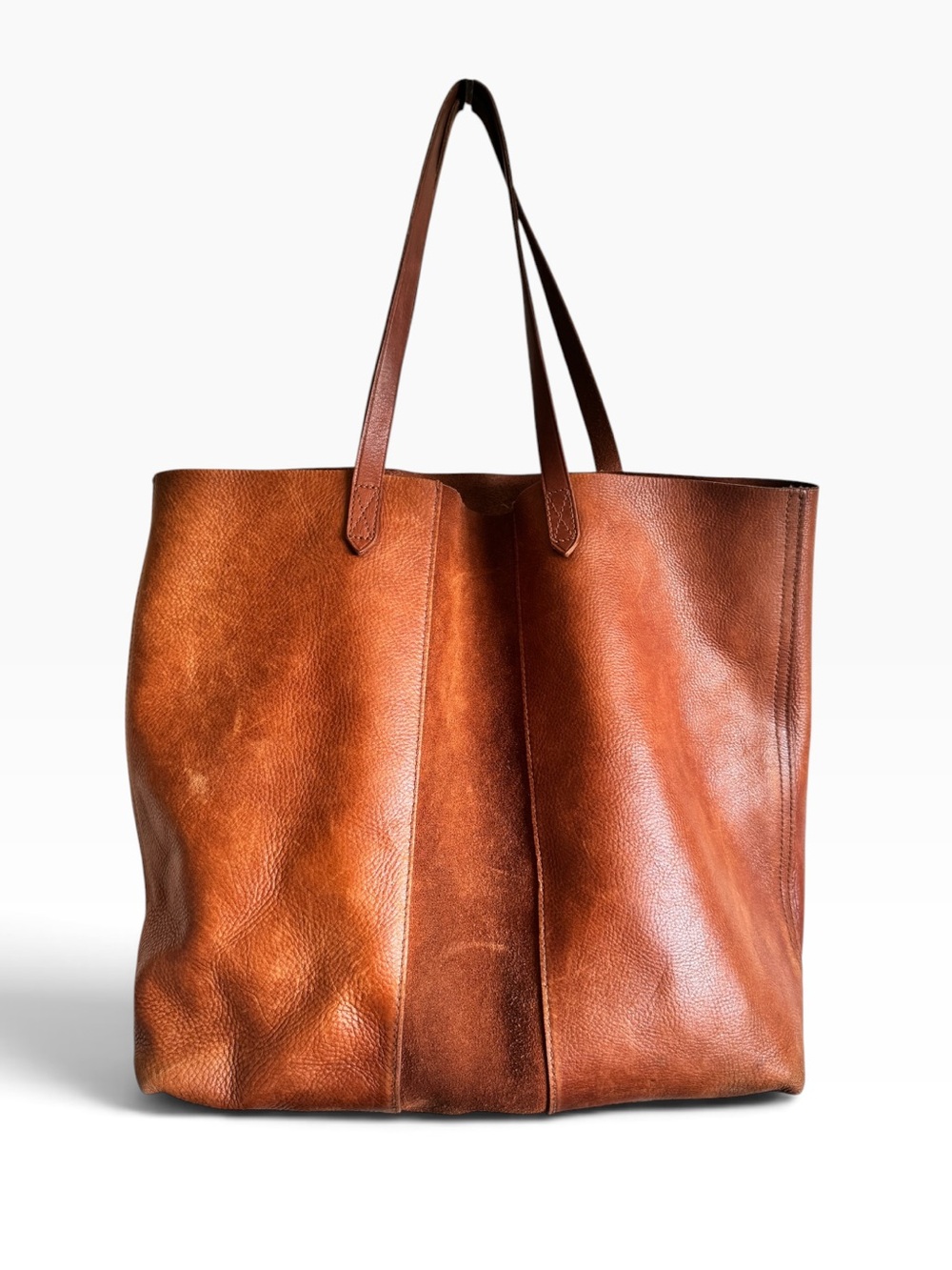 Madewell Suede Stripe Transport Cognac Leather Tote Bag